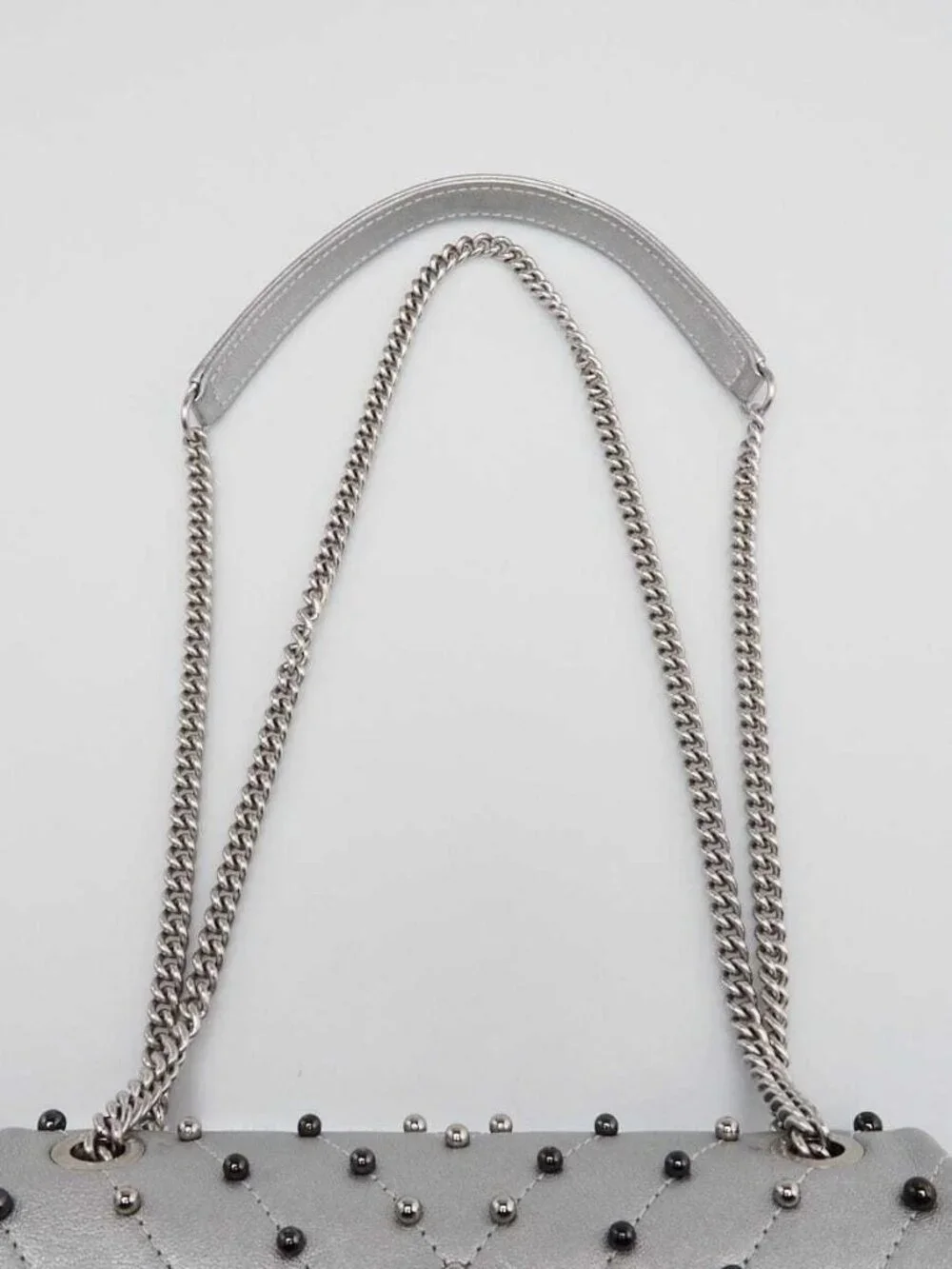 Chanel Silver Chevron Quilted Leather Studded Rectangular Mini Flap Bag